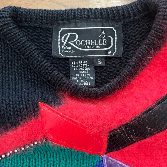 Vintage 80s Sweater Small Leather Angora Geometric Color Block Funky Retro - Picture 3 of 10